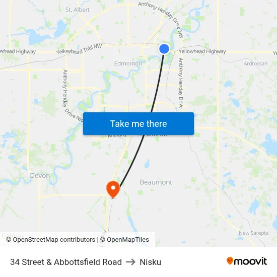 34 Street & Abbottsfield Road to Nisku map