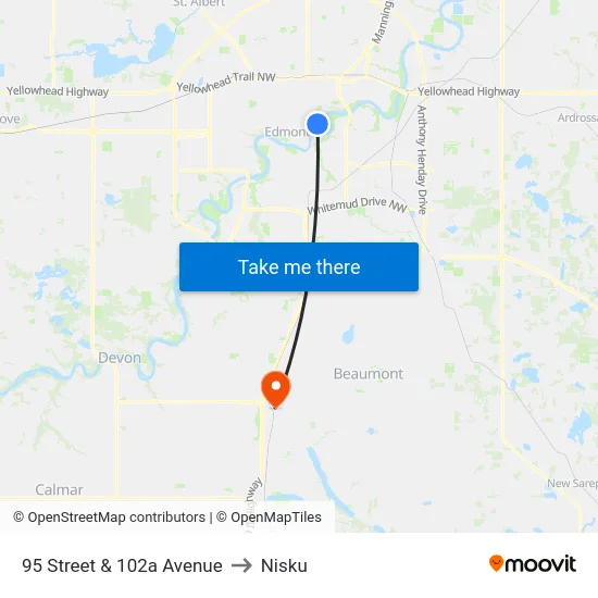 95 Street & 102a Avenue to Nisku map