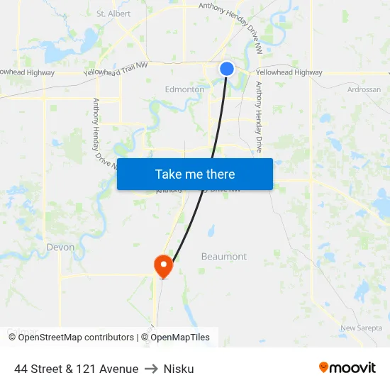 44 Street & 121 Avenue to Nisku map