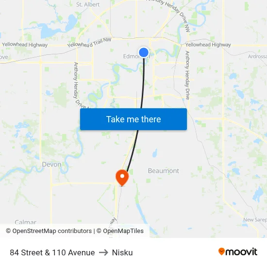 84 Street & 110 Avenue to Nisku map