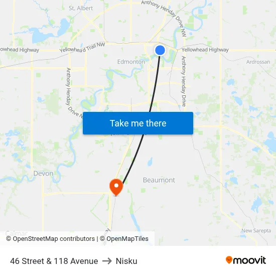 46 Street & 118 Avenue to Nisku map