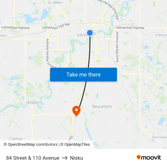 84 Street & 110 Avenue to Nisku map