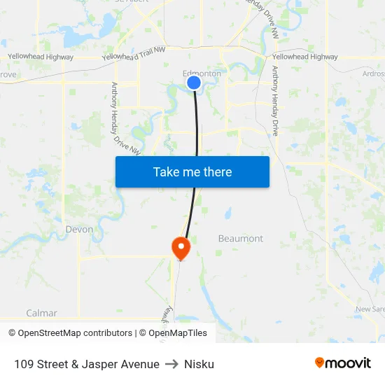 109 Street & Jasper Avenue to Nisku map