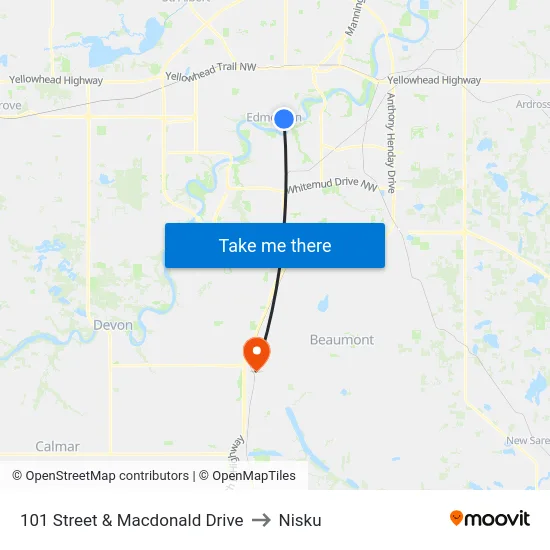 101 Street & Macdonald Drive to Nisku map