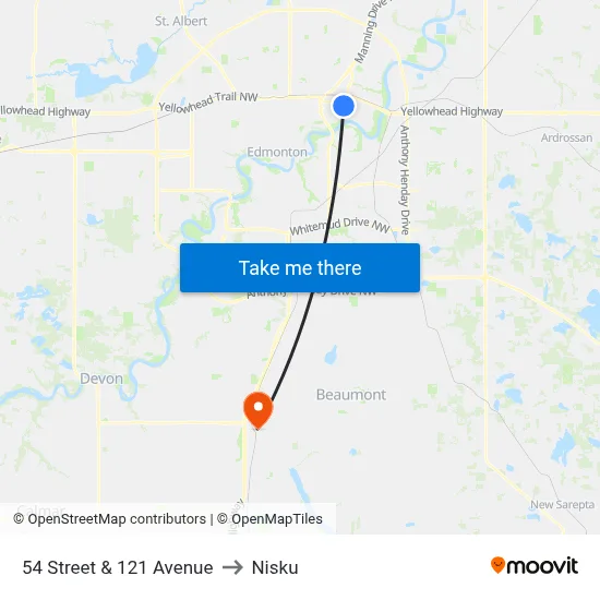 54 Street & 121 Avenue to Nisku map
