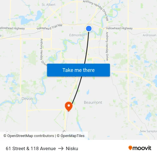 61 Street & 118 Avenue to Nisku map