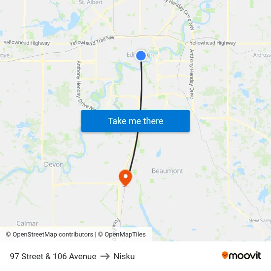 97 Street & 106 Avenue to Nisku map