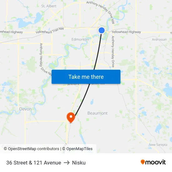 36 Street & 121 Avenue to Nisku map