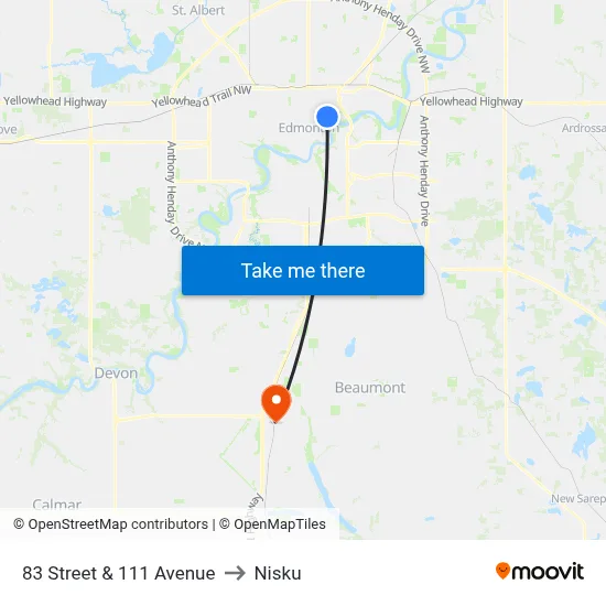 83 Street & 111 Avenue to Nisku map