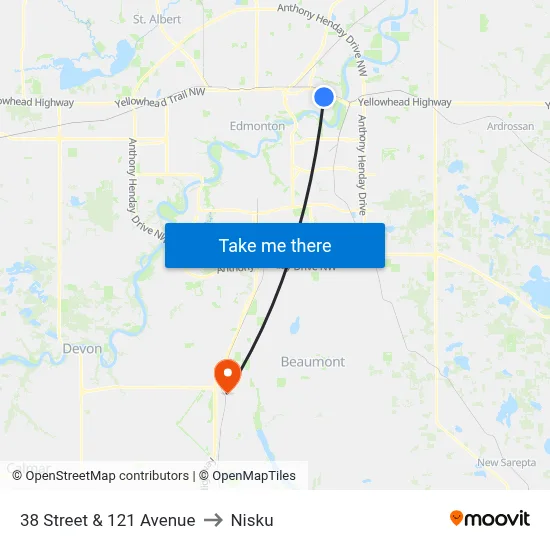 38 Street & 121 Avenue to Nisku map