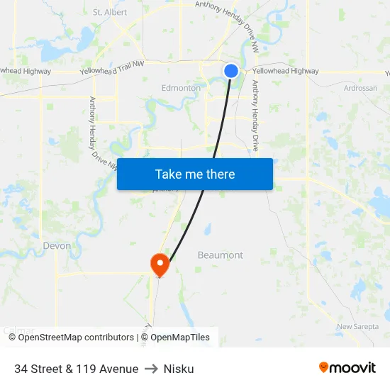 34 Street & 119 Avenue to Nisku map