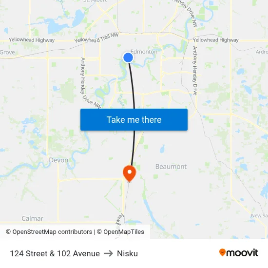 124 Street & 102 Avenue to Nisku map