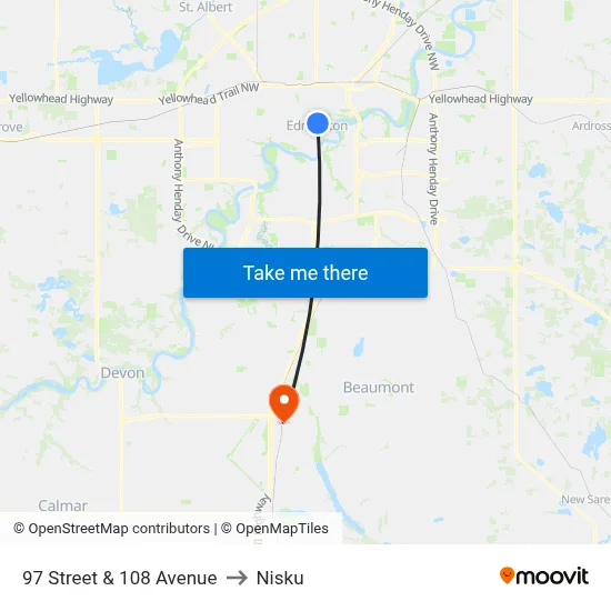 97 Street & 108 Avenue to Nisku map