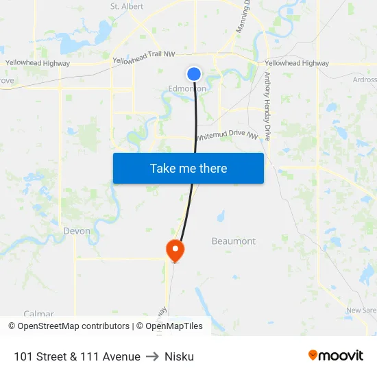 101 Street & 111 Avenue to Nisku map