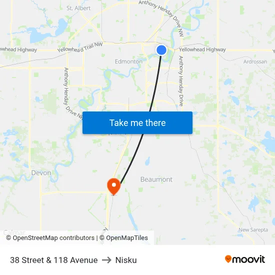 38 Street & 118 Avenue to Nisku map