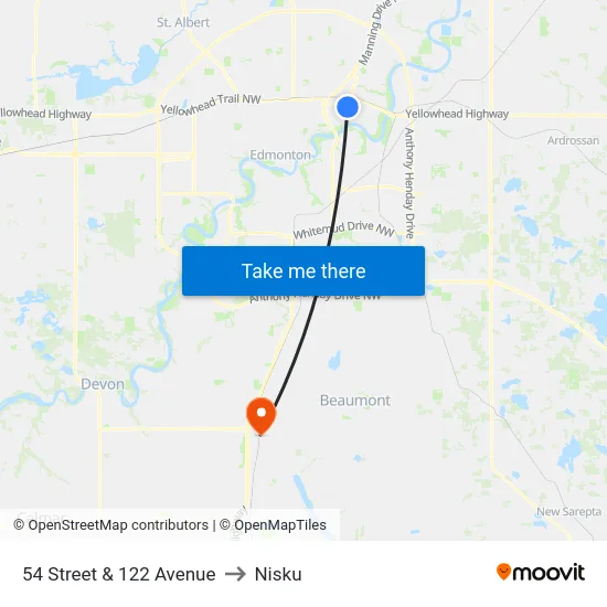 54 Street & 122 Avenue to Nisku map