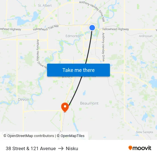 38 Street & 121 Avenue to Nisku map
