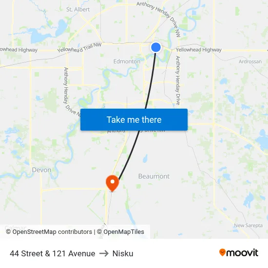 44 Street & 121 Avenue to Nisku map