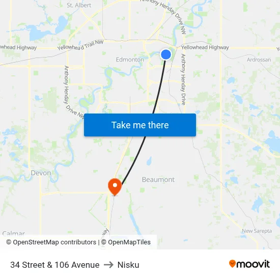34 Street & 106 Avenue to Nisku map