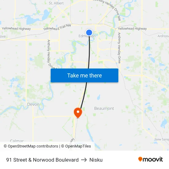 91 Street & Norwood Boulevard to Nisku map