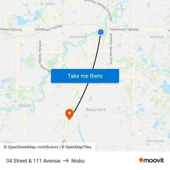 34 Street & 111 Avenue to Nisku map