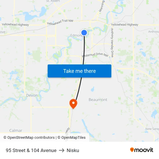 95 Street & 104 Avenue to Nisku map