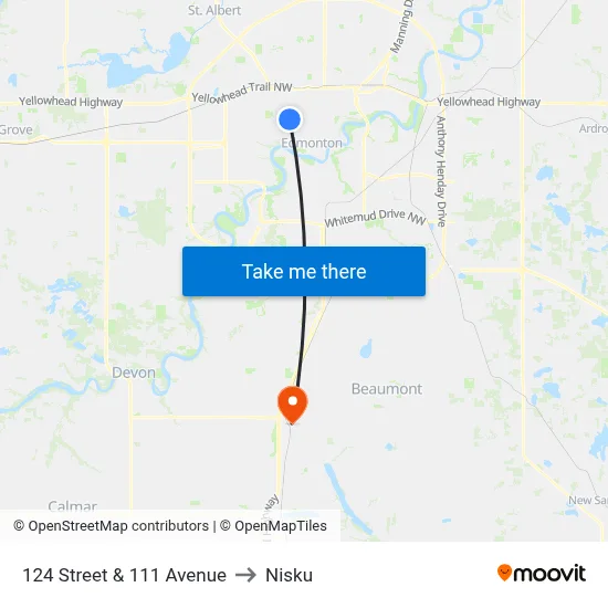 124 Street & 111 Avenue to Nisku map