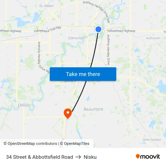 34 Street & Abbottsfield Road to Nisku map