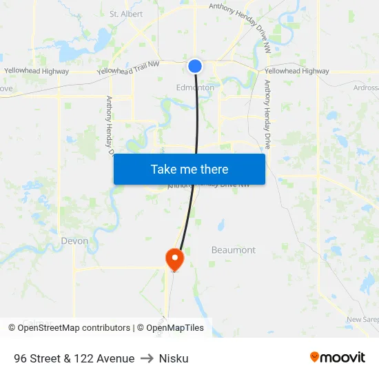 96 Street & 122 Avenue to Nisku map