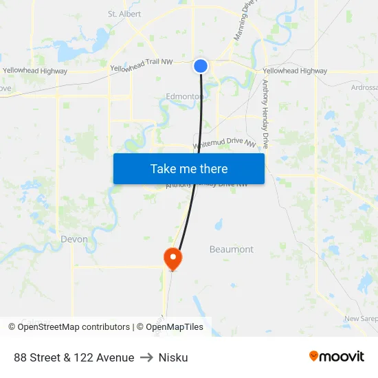 88 Street & 122 Avenue to Nisku map