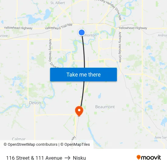 116 Street & 111 Avenue to Nisku map