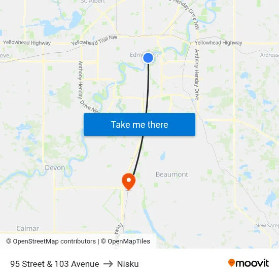 95 Street & 103 Avenue to Nisku map
