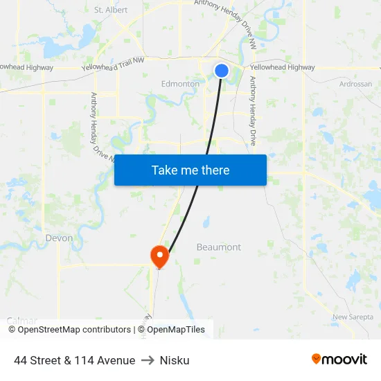 44 Street & 114 Avenue to Nisku map