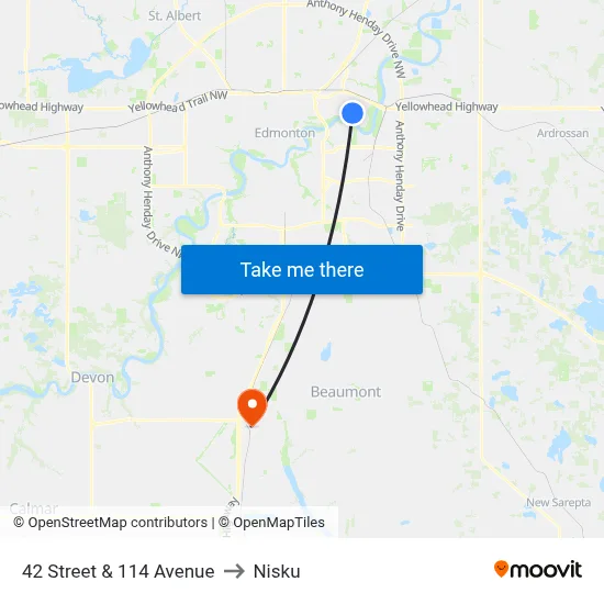 42 Street & 114 Avenue to Nisku map
