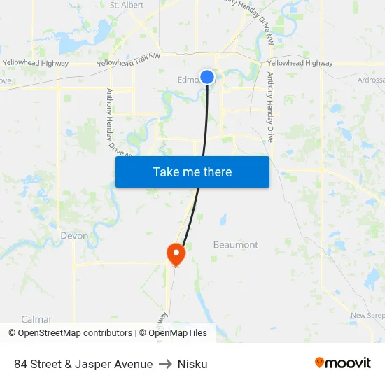 84 Street & Jasper Avenue to Nisku map