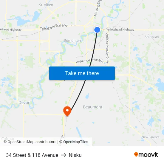34 Street & 118 Avenue to Nisku map