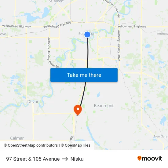 97 Street & 105 Avenue to Nisku map