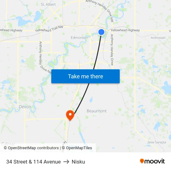 34 Street & 114 Avenue to Nisku map