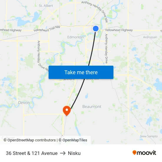 36 Street & 121 Avenue to Nisku map