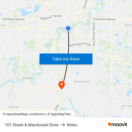 101 Street & Macdonald Drive to Nisku map