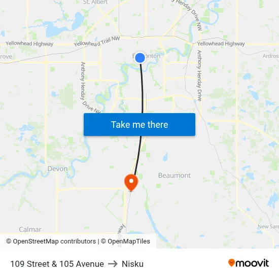 109 Street & 105 Avenue to Nisku map