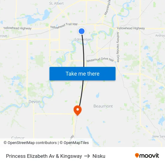 Princess Elizabeth Av & Kingsway to Nisku map