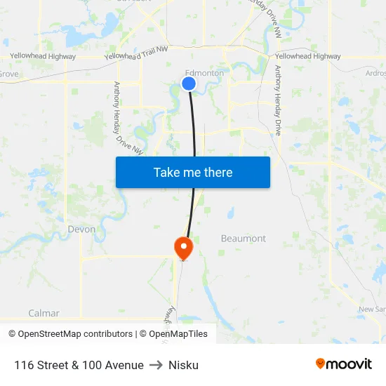116 Street & 100 Avenue to Nisku map