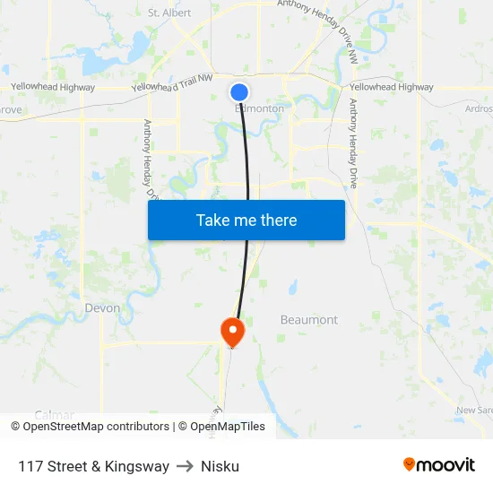 117 Street & Kingsway to Nisku map
