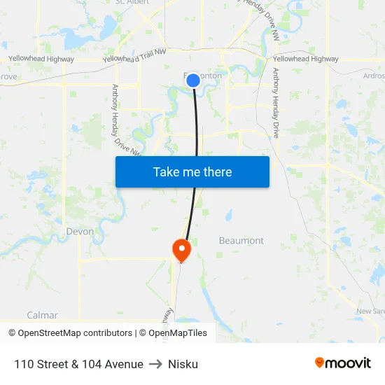 110 Street & 104 Avenue to Nisku map