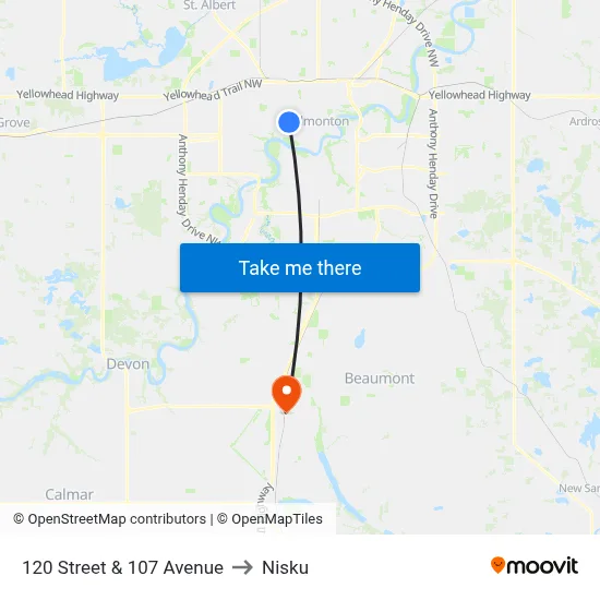 120 Street & 107 Avenue to Nisku map