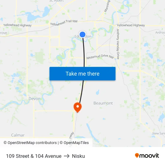 109 Street & 104 Avenue to Nisku map