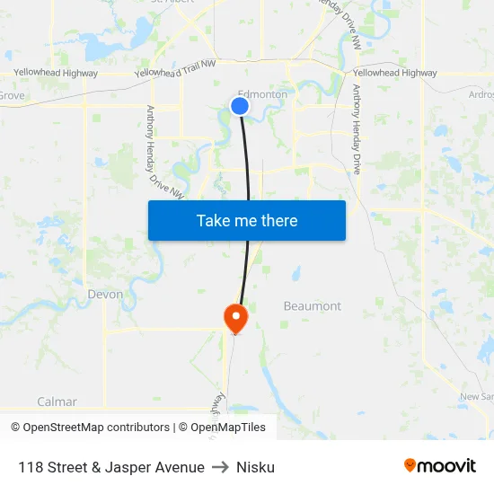 118 Street & Jasper Avenue to Nisku map