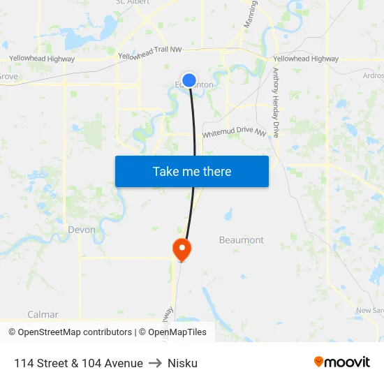 114 Street & 104 Avenue to Nisku map