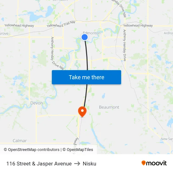 116 Street & Jasper Avenue to Nisku map